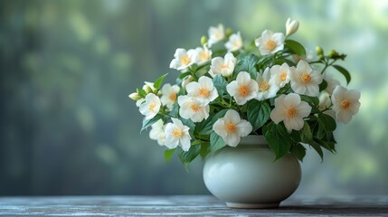  a vase filled with white flowers sitting on top of a wooden table next to a green leafy bushy bushy green leafy tree behind a large window.