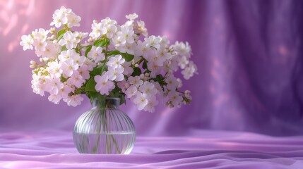  a vase filled with white flowers sitting on top of a purple cloth covered tablecloth covered in a purple and white cloth behind it is a purple cloth behind the vase.