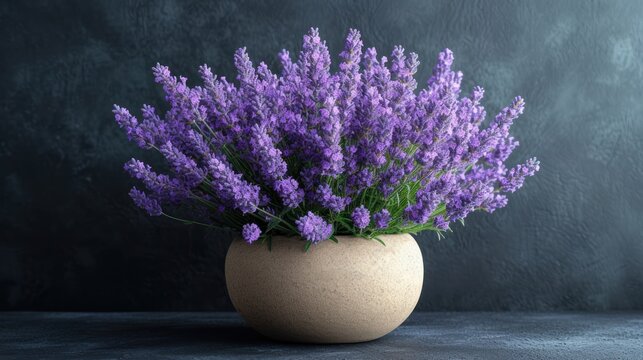  a vase filled with lots of purple flowers on top of a table next to a gray wall and a black wall behind the vase is a white vase with purple flowers in it.