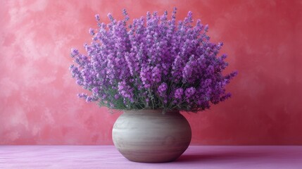  a vase filled with purple flowers sitting on top of a purple tablecloth covered table next to a pink wall and a pink wall behind the vase is filled with purple flowers.