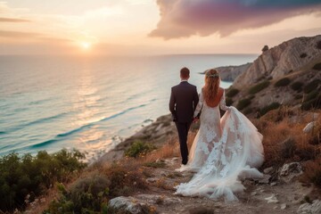 Against the breathtaking backdrop of the ocean and mountains, a newlywed couple stands in their...