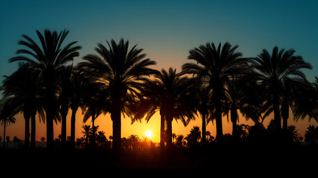 palm trees silhouetted by a stunning sunset set