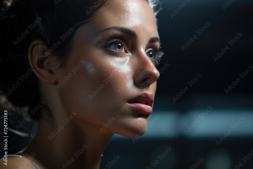 Poster a close-up photograph of a woman's face against a dark background. this image can be used for variou