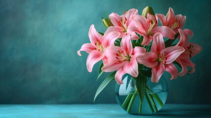  a vase filled with pink flowers sitting on top of a blue tablecloth next to a green wall and a blue wall behind the vase is filled with pink lilies.