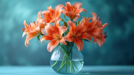 a vase filled with orange flowers sitting on top of a blue counter top next to a glass vase filled with water and a blue wall behind it is a blurry background.