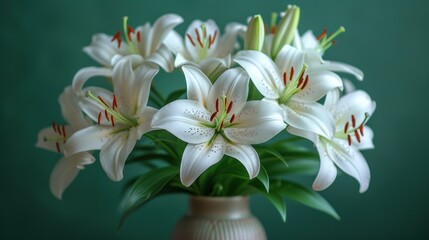  a bouquet of white lilies in a vase on a green tablecloth with a dark green wall behind the vase and a green wall behind the vase is a green wall.