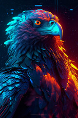 a colorful bird with a bright orange eye and a black background with a red and blue background and a blue and yellow background, generative ai