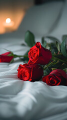 Red Rose Valentine day Romantic on a bed at night, Gift of Love with Beautiful Petals, wedding, surprise, flowers ,vertical image background short or stories