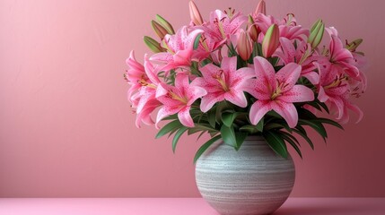  a vase filled with pink flowers on top of a pink table and a pink wall behind the vase is a pink wall and there is a white vase with pink flowers in it.