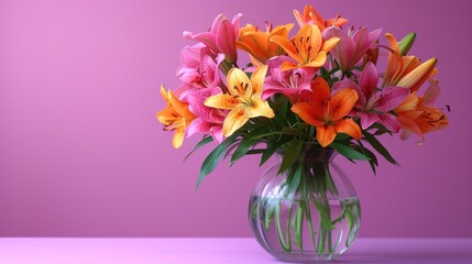  a vase filled with orange and pink flowers on top of a purple table top next to a purple wall and a pink wall behind the vase is filled with orange and pink lilies.