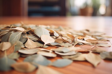 close up of dry eucalyptus leaves used in steam room - obrazy, fototapety, plakaty