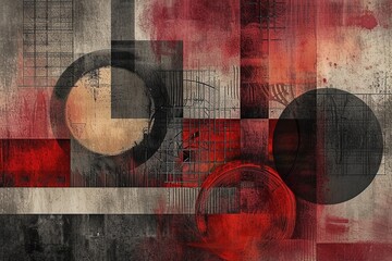 Modern Red-Grey Aesthetics: Craft a visually modern composition with a digital illustration featuring a texture background in rich reds and sleek greys, enhanced by bold shapes and patterns