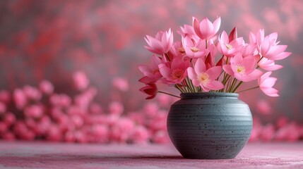  a vase filled with pink flowers sitting on top of a pink carpeted floor next to a wall of pink flowers in front of a gray background of pink petals. - Powered by Adobe