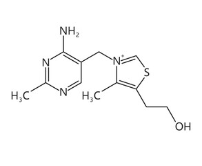 Vitamin B1 formula, thiamine chemical structure of molecular compounds. Vector vitamin B1 skeletal formula for health, chemistry, medicine and education. Thiamin micronutrient stick and ball model