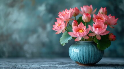  a blue vase filled with pink flowers on top of a wooden table in front of a blue and green wall with a green leafy plant in the center of the vase.