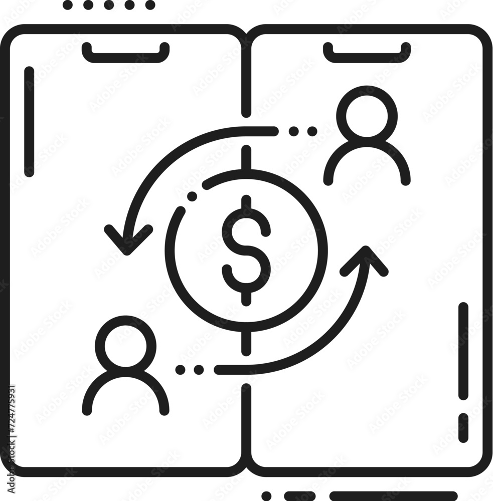 Poster cryptocurrency online transaction, blockchain technology and peer to peer payment fintech line icon.