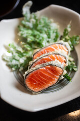 salmon steak with vegetables tempura