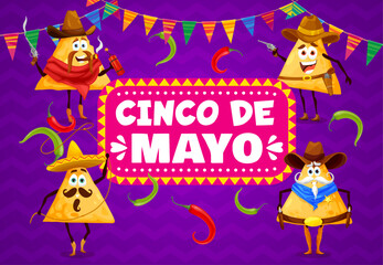 Cartoon Mexican nachos chips characters on Cinco de Mayo holiday, vector banner. 5 may Mexico holiday celebration banner with Mexican cartoon Tex Mex nachos chip cowboys in sombrero or sheriff