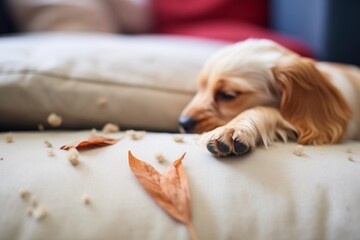 closeup of dogs paw on torn pillow, feathers scattered