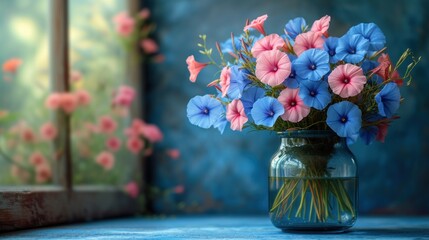  a vase filled with pink and blue flowers on a table next to a window with a blue wall and a window sill in the background with pink and blue flowers.