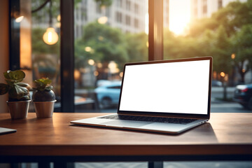 illustration of a laptop on the table in office. Created with Generative AI
