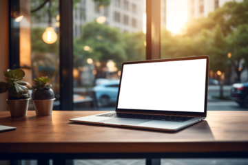 illustration of a laptop on the table in office. Created with Generative AI