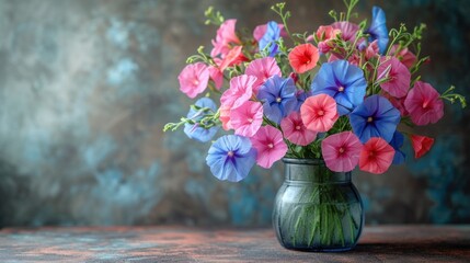  a vase filled with pink, blue and purple flowers on top of a wooden table in front of a gray and blue background with a gray wall in the background.
