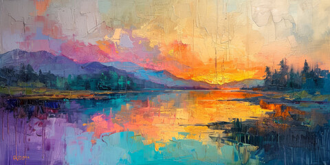 Oil painting, landscape with river, lake, trees in the background. Beautiful artistic piece of digital art for wallpaper, art print, background design.