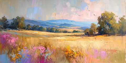 Oil painting, landscape with wild meadow and trees in the background. Beautiful artistic piece of digital art for wallpaper, art print, background design.