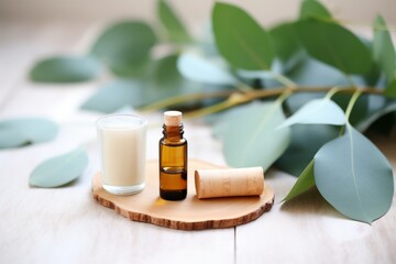 Fototapeta na wymiar eucalyptus essential oil next to eucalyptus leaves