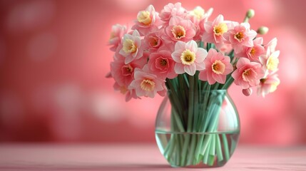  a vase filled with pink flowers sitting on top of a pink table top next to a pink wall and a pink wall behind the vase is filled with pink flowers.