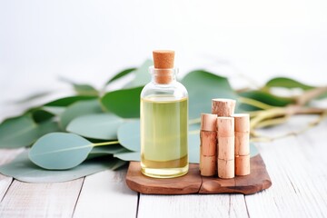 Fototapeta na wymiar eucalyptus essential oil next to eucalyptus leaves