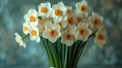  a vase filled with white and orange flowers on top of a blue and white tableclothed wall behind a vase filled with white and orange and yellow daffodils.