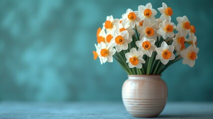  a vase of daffodils on a table with a teal wall in the backgrounnd of a room with a blue wall in the background.