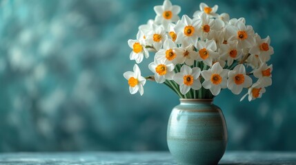  a vase filled with white and yellow flowers on top of a wooden table next to a teal blue wall and a blue and white wall behind the vase is a bouquet of daffodils of daffodils.