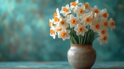  a vase filled with white and orange flowers on top of a blue and green tableclothed wall behind a vase with orange and white flowers in the center of the vase.