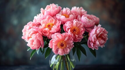  a vase filled with lots of pink flowers on top of a wooden table next to a green vase filled with lots of pink flowers on top of green stems in front of a dark background.