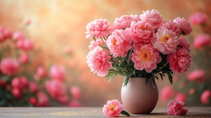  a vase filled with pink flowers sitting on top of a wooden table in front of a blurry background of pink flowers in a vase on top of a table.