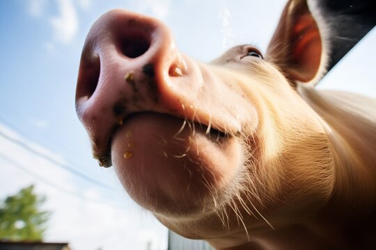 fisheye photo of a pigs profile with steam from its breath visible