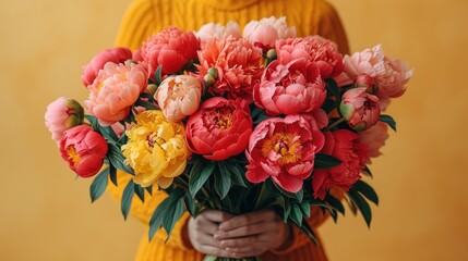  a person holding a bouquet of flowers in front of a yellow wall in front of a person wearing a yellow sweater and holding a bouquet of flowers in their hands.