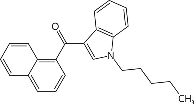 JWH-018 drug molecule formula and chemical structure, synthetic or organic drugs vector model. JWH-018 prohibited drug, analgesic narcotic and cannabinoid substance in molecular structure formula
