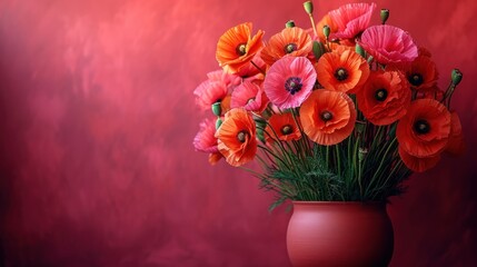  a vase filled with red and orange flowers on top of a wooden table next to a red wall and a red wall behind the vase is a bouquet of flowers.