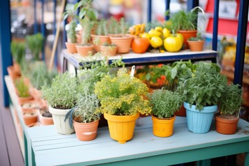 Fototapeta na wymiar bright, fresh herbs in small planters for sale