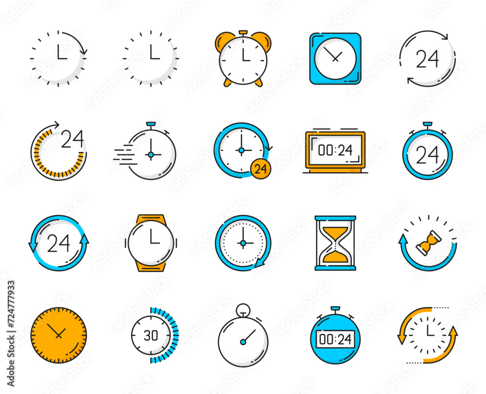 Poster Timer clock color outline icons. Alarm, stopwatch, calendar timer. Time management alarm clock and interval timer countdown or computer interface hourglass, wristwatch line vector pictograms set
