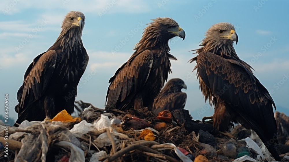 Poster a group of birds sitting on top of a pile of trash. suitable for environmental themes and the impact