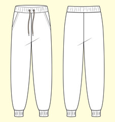 Cuff Fleece Jogger with Side Pockets and Drawcord - Black and White Outline Fashion Flat Sketch with Front and Back View.