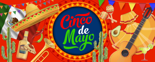 Fototapeta premium National Mexican Cinco de Mayo holiday paper cut banner with sombrero and tequila, vector background. Cinco de Mayo or 5 May Mexican holiday fiesta celebration with guitar, maracas and Mexico flag
