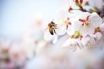 a bee pollinating cherry blossom flowers - obrazy, fototapety, plakaty