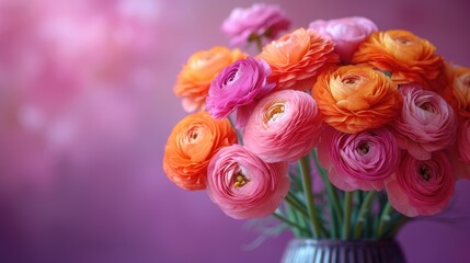  a bouquet of pink and orange flowers in a blue vase on a purple and pink background with a blurry boke of pink and orange flowers in the foreground.