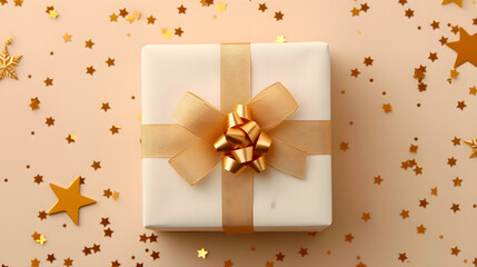 White gift box tied with gold ribbon, star-shaped confetti on neutral background. Holiday presents shopping celebration concept.